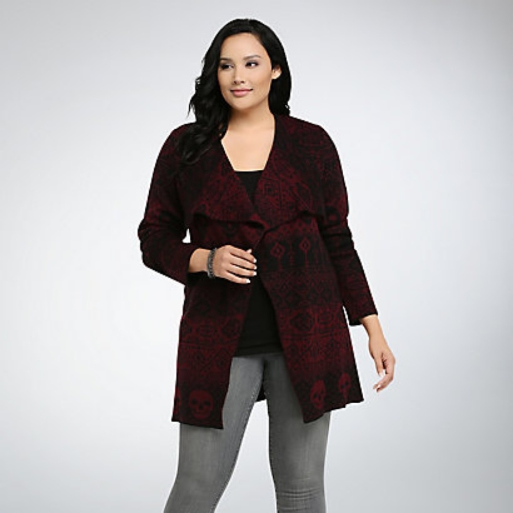 Torrid Skull Fair Isle Drape Front Cardigan